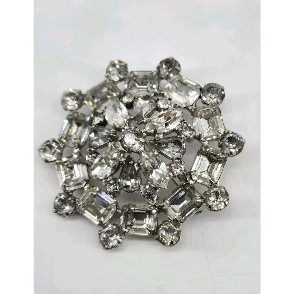 Vintage 40s Joseph Wiesner NY Silver Tone & Clear Rhinestone Pin Brooch